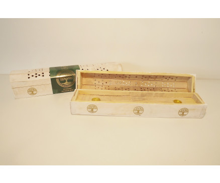 H8350015 Hout. Houten whitewash bewaarbox en brander voor wierookstokjes met Tree of Life-opdruk. LxBxH : 30x6x7 cm.