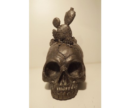 P1035784 Poly. Zwarte schedel met cactussen. H x B : 19 x 11 cm.