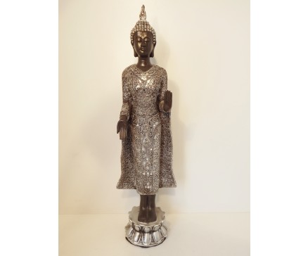 P1035289 Poly. Staande Thai boeddha. Zwart-zilver. Hoogte : 48 cm.