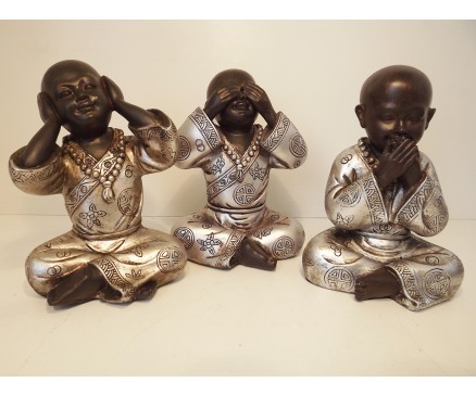 P1035298/299/300 Poly. Monnik horen-zien-zwijgen. Zwart-zilver. Hoogte : 15 cm. Set van 3.