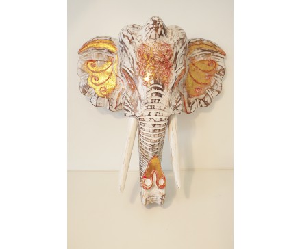 2030038 Hout. Houten handgesneden olifantenhoofd. Wanddecoratie klassiek beschilderd whitewash-goud-oranje. LxBxD : 39x37x15 cm.