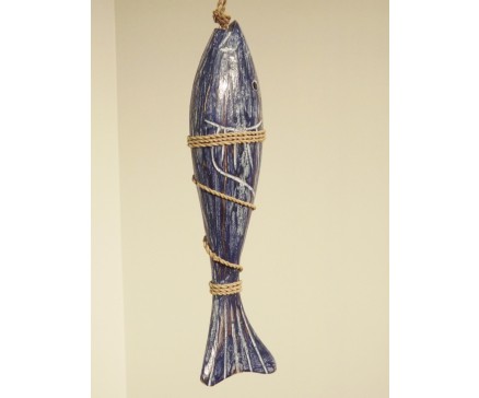 H2430062 Hout. Blue fish medium on cord 30 cm.