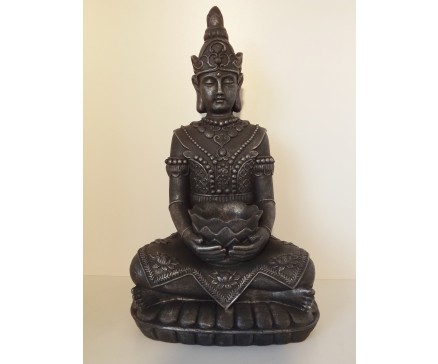 G683-AS Garden boeddha zittend met offerschaal. Hoogte 63 cm. Antique Silver.