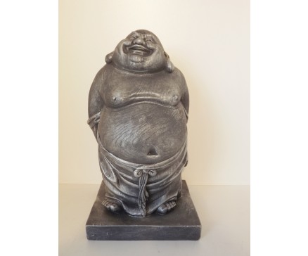 G644-AS Garden staande lucky boeddha. Hoogte : 44 cm. Antique Silver.