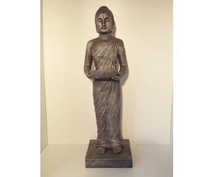 G735-AS Garden staande boeddha met offerschaal. Hoogte : 100 cm. Antique Silver.