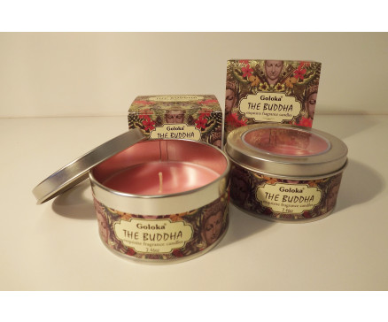 8355605 Geurkaars. Geurkaars Goloka The Buddha in versierd blikje (diameter 8 cm./ hoogte 4 cm.) met venstertje. Verpakt in mooi kartonnen doosje 8,5x8,5x4,5 cm. 