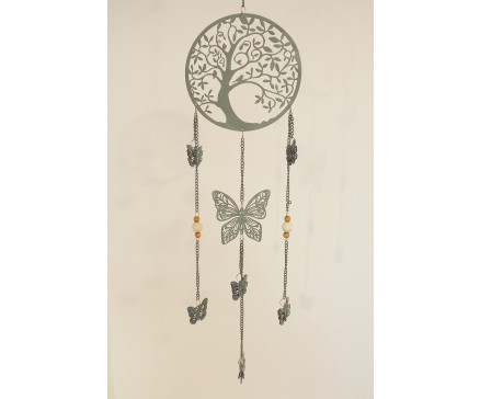 M192362 Metal hanging decoration. Donkergrijze tree of life met vlinders en houten kralen. Lengte : 85 cm. Per 6 stuks verpakt. Prijs is per 6 stuks.