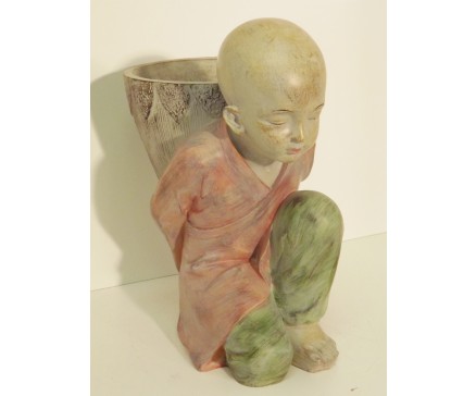 P1035752 Poly. Marble wood monk carrying barrell 35 cm.