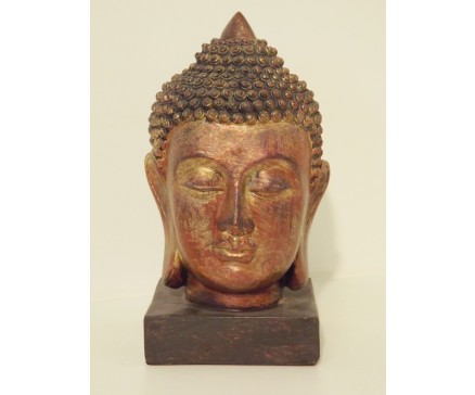P1035509 Poly. Hoofd Thai boeddha op sokkel dark gold. Hoogte : 18 cm.