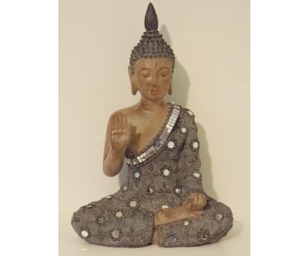 P1035801 Poly. Thai boeddha groen-blauw met spiegeltjes. Hoogte : 28 cm.