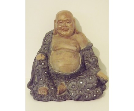 P1035802 Poly. Dikbuik boeddha groen-blauw met spiegeltjes. Hoogte : 28 cm.