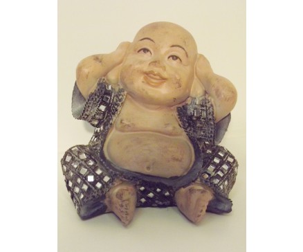 P1035806A Poly. Dikbuik boeddha "horen" groen-blauw met spiegeltjes. Hoogte : 13 cm.