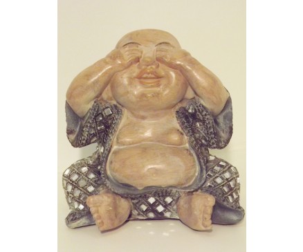 P1035806B Poly. Dikbuik boeddha "zien" groen-blauw met spiegeltjes. Hoogte : 13 cm.