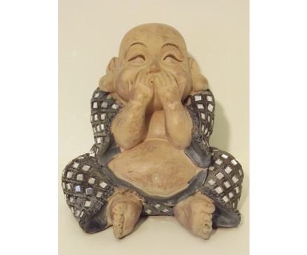 P1035806C Poly. Dikbuik boeddha "zwijgen" groen-blauw met spiegeltjes. Hoogte : 13 cm.