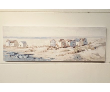 OP191091B Oilpainting. Strandhuisjes aan de kust 50 x 150 cm.