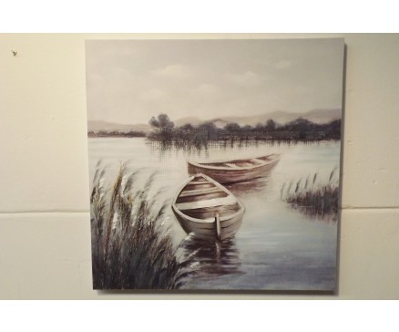 OP191002A Oilpainting. Bootjes bij rietschans 80 x 80 cm.