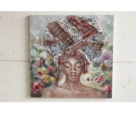 OP180929A Oilpainting. African lady big hair, bright colors 100 x 100 cm.