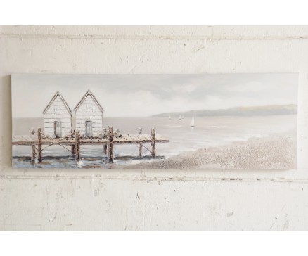 OP181645A Oilpainting. Little cottages on pier with sailingboats in the background 50 x 150 cm.