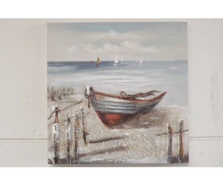 OP171850A Oilpainting. Bootje op het strand met zeilboten op de achtergrond. 80x80 cm.
