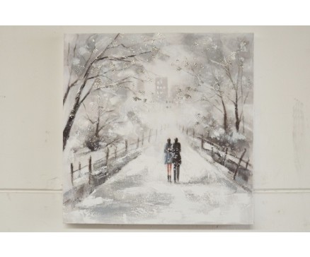 OP170606B Oilpainting. Stel wandelend in winters park. 80x80 cm.