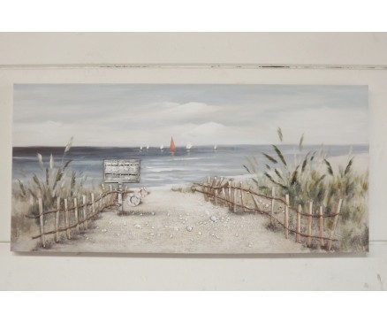 OP171899A Oilpainting. Pad naar het strand met reddingsboeien en zeilboten op achtergrond. 70x150 cm.