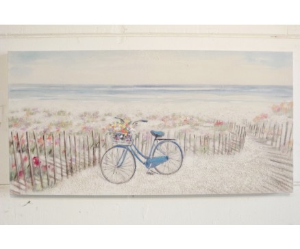 OP211449A Olieverfschilderij. Fiets met mandje met bloemen tegen hek van duinpad. Weelderige bloemenzee in de duinen. 70 x 140 cm.