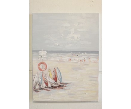 OP211269A Olieverfschilderij. Surfplanken bij bewegwijzeringspaal met reddingsboei. Mensen in zee op achtergrond. 60 x 80 cm.