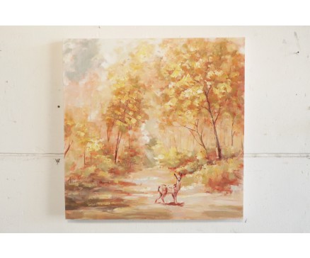 OP211445A Olieverfschilderij. Ree in herfstig bos. 90 x 90 cm.