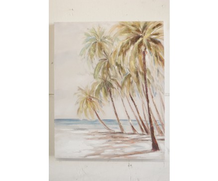 OP211119A Olieverfschilderij. Eiland / strand met palmbomen. 80 x 100 cm.