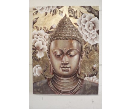 OP190660A Olieverfschilderij. Serene boeddha in bloemenweelde van lotusbloemen. Achtergrond met goudtinten. Klassieker. 90 x 120 cm.