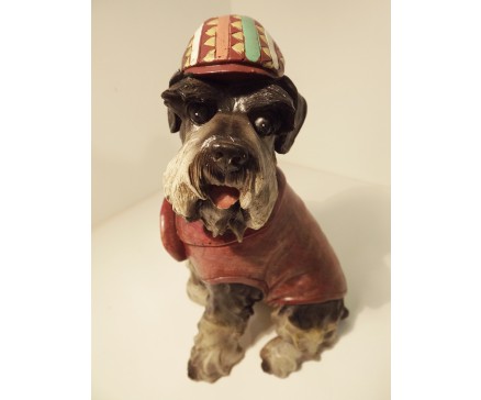 P1035769 Poly. Hond met jas en hippiepet. Hoogte 27 cm.