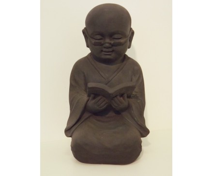 G525-DG Garden. Kindmonnik met bril leest boek. Hoogte 40 cm. Dark-grey.