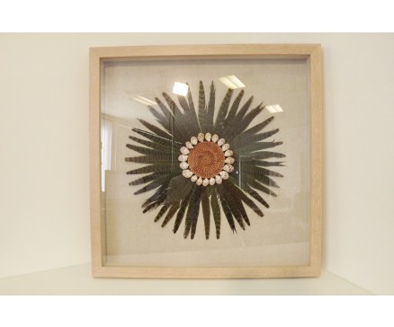 T40822A Wanddecoratie. Groene vogelveren met rieten middelpunt met schelpen achter glas in houten lijst. 60 x 60 cm.