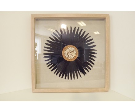 T40822C Wanddecoratie. Donkerpaarse vogelveren met rieten middelpunt met schelpen achter glas in houten lijst. 60 x 60 cm.