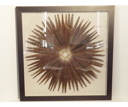 T30192 Wanddecoratie. Fazantveren rond op canvas achter glas in zwarte lijst 90 x 90 cm.