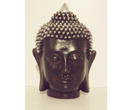 P1035291 Poly. Hoofd boeddha Thai. Zwart-zilver. Hoogte : 17 cm.