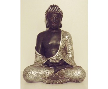 P1035297 Poly. Boeddha Japan. Zwart-zilver. Hoogte : 30 cm.