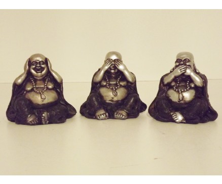 P1035450ABC Poly. Boeddha lucky horen-zien-zwijgen mini. Zwart-zilver. Hoogte : 7 cm.