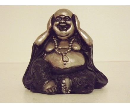 P1035450A Poly. Boeddha lucky mini "horen". Zwart-zilver. Hoogte 7 cm.
