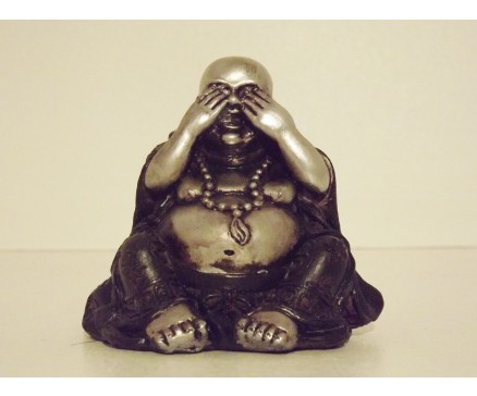 P1035450B Poly. Boeddha lucky mini "zien". Zwart-zilver. Hoogte 7 cm.