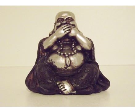 P1035450C Poly. Boeddha lucky mini "zwijgen". Zwart-zilver. Hoogte 7 cm.