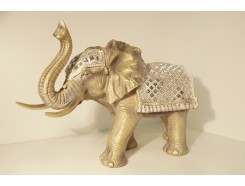 P1035529 Poly. Olifant Large zilvergoud met dekkleed met spiegeltjes L x H : 51 x 33 cm.