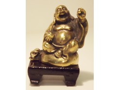 5510002 Brons. Bronzen lucky boeddha op houten voetje 6 cm. hoog.
