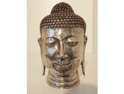 0130009 Brons hoofd boeddha zilverkleurig. Hoogte : 18 cm.