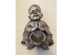 G876-AS Garden zittende monnik met kom. Hoogte 28 cm. Antique Silver.