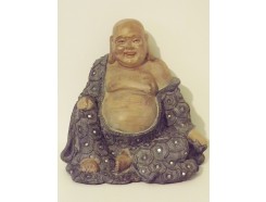 P1035802 Poly. Dikbuik boeddha groen-blauw met spiegeltjes. Hoogte : 28 cm.