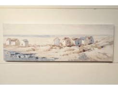 OP191091B Oilpainting. Strandhuisjes aan de kust 50 x 150 cm.