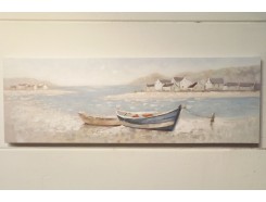 OP191091A Oilpainting. Bootjes in baai bij kustdorpje 50 x 150 cm.