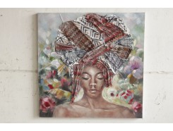 OP180929A Oilpainting. African lady big hair, bright colors 100 x 100 cm.