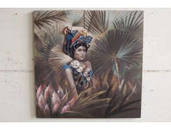 OP181988A Oilpainting. African lady in tropical forrest, bright colors 100 x 100 cm.